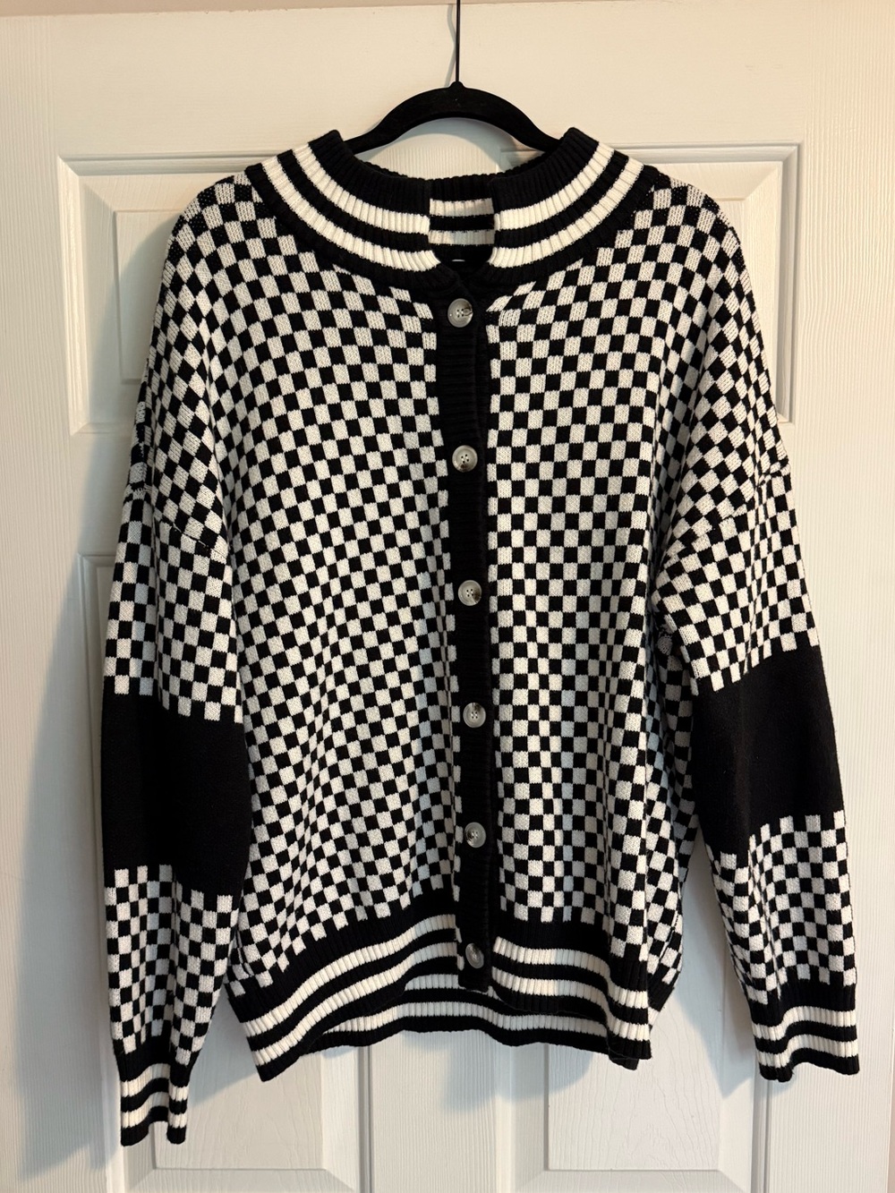Black & White Checker Knit Cardigan Sweater - Picture 3 of 3